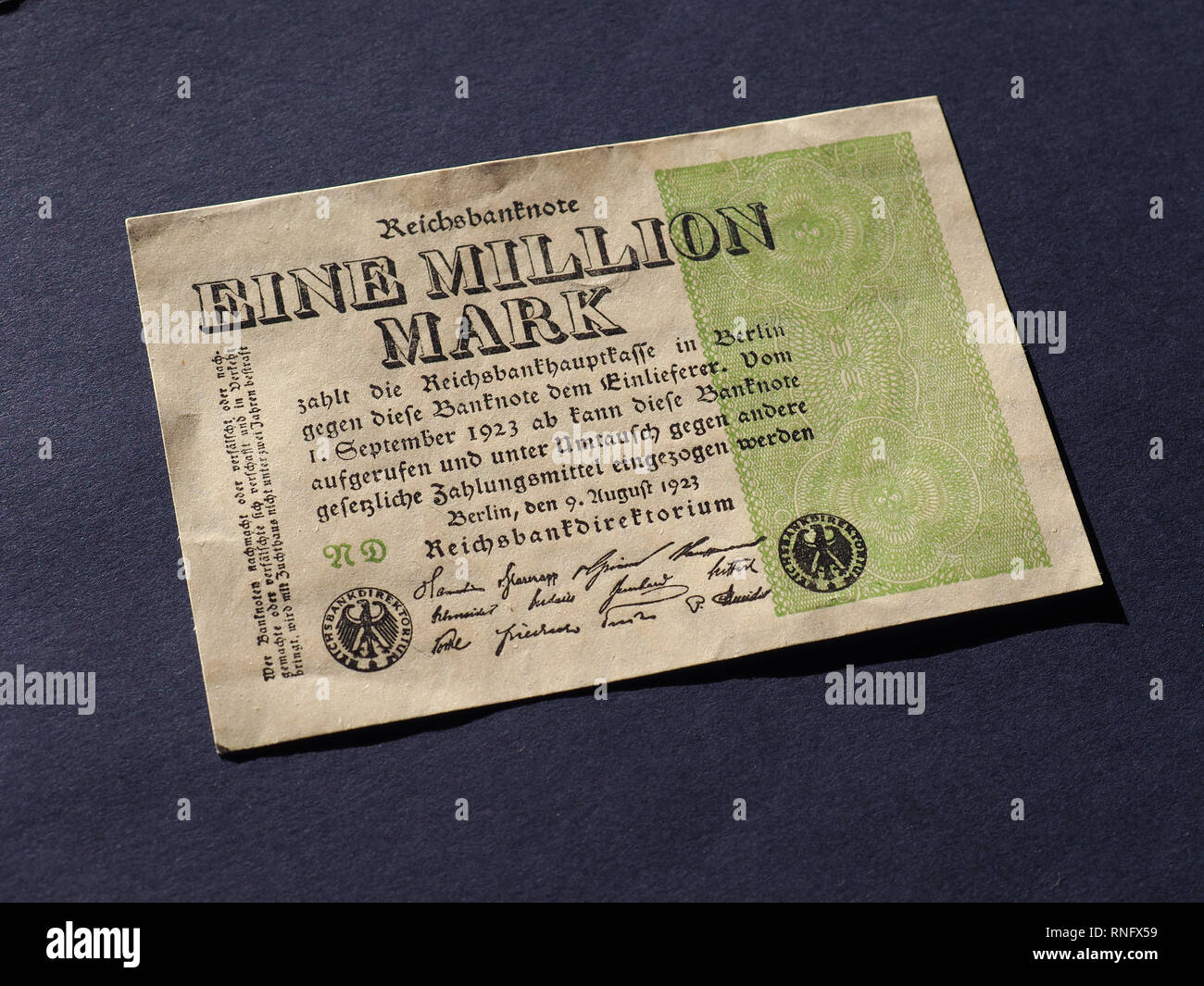 Eine Million Mark (meaning One Million Mark) year 1923 banknote inflation money from Weimar Republic Stock Photo