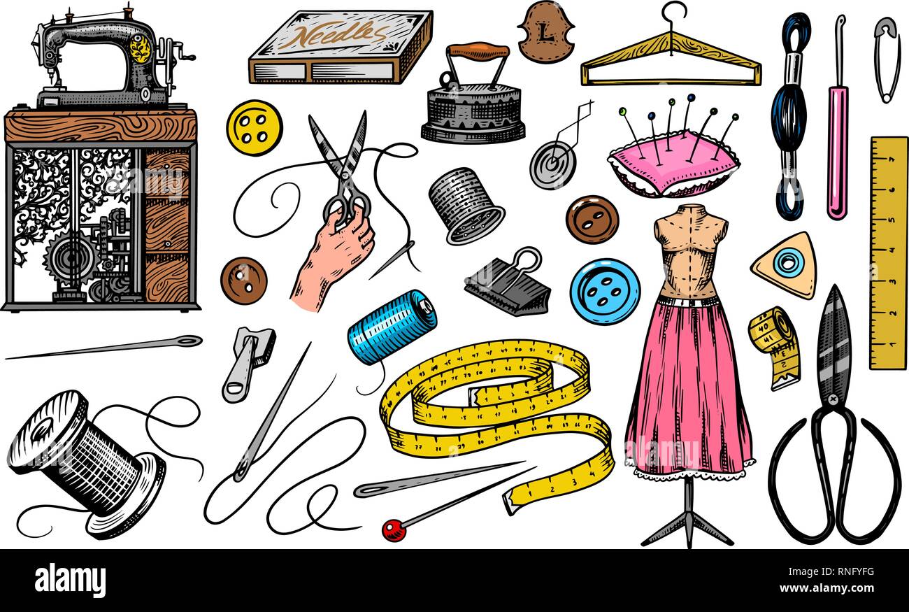 Set of sewing tools and elements or materials for needlework. Handmade  equipment. Tailor shop for badges labels. Thread and needle, mannequin  Stock Vector Image & Art - Alamy