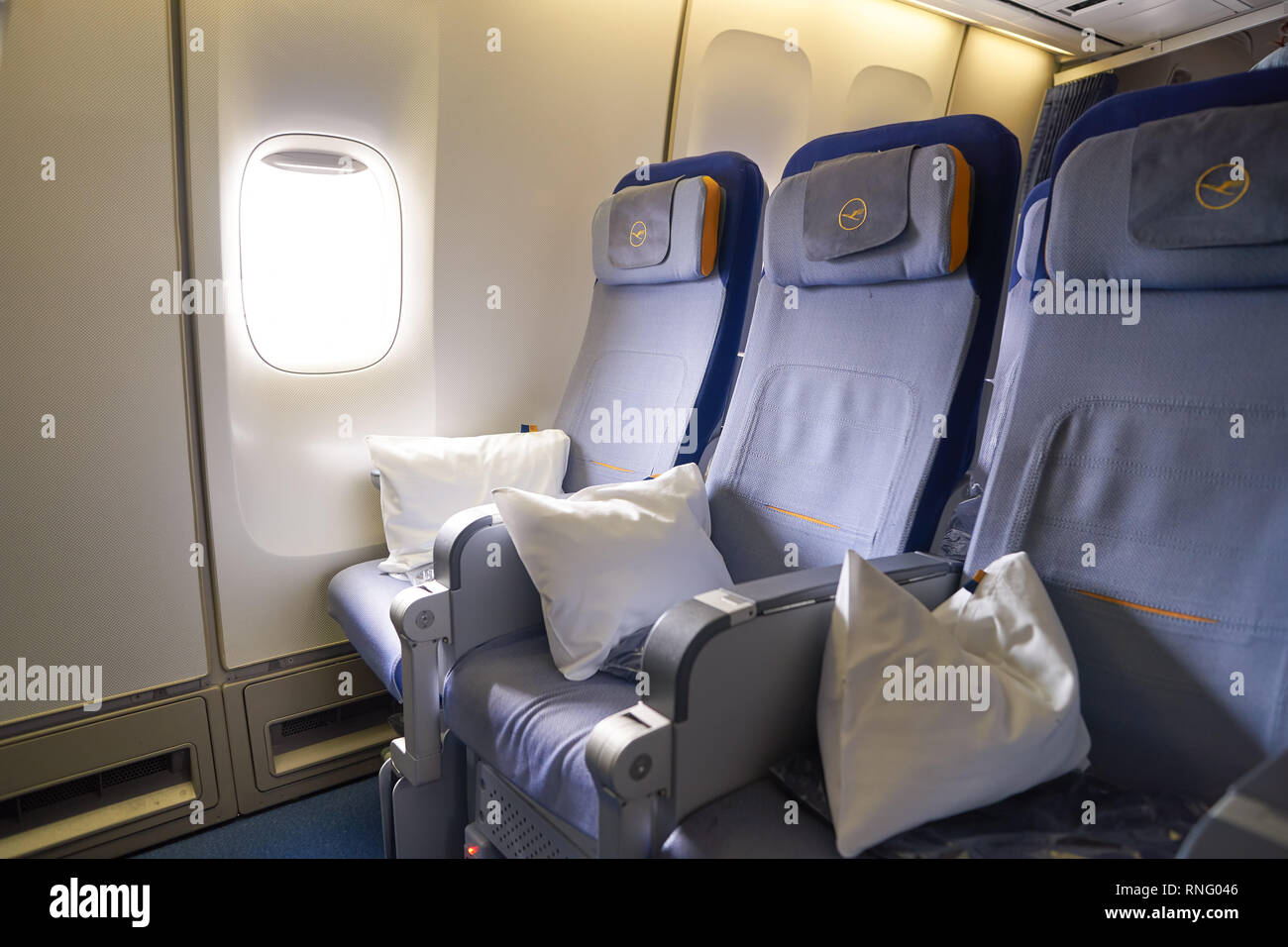 NEW YORK - APRIL 06, 2016: inside of Lufthansa Boeing 747.  Lufthansa is a German airline and, when combined with its subsidiaries, the largest airlin Stock Photo