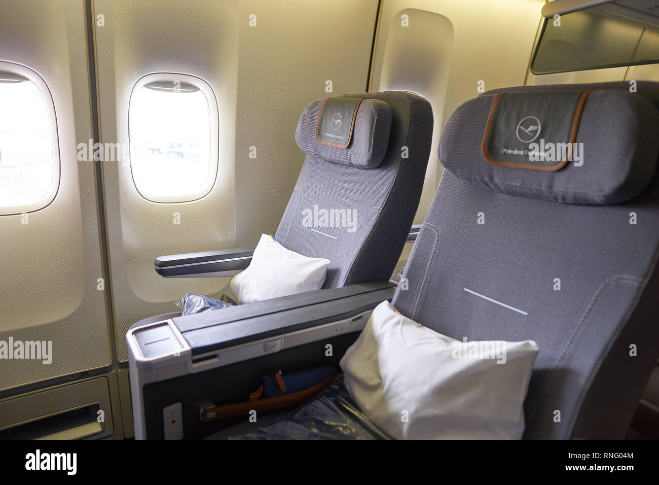 NEW YORK - APRIL 06, 2016: inside of Lufthansa Boeing 747. Lufthansa is ...