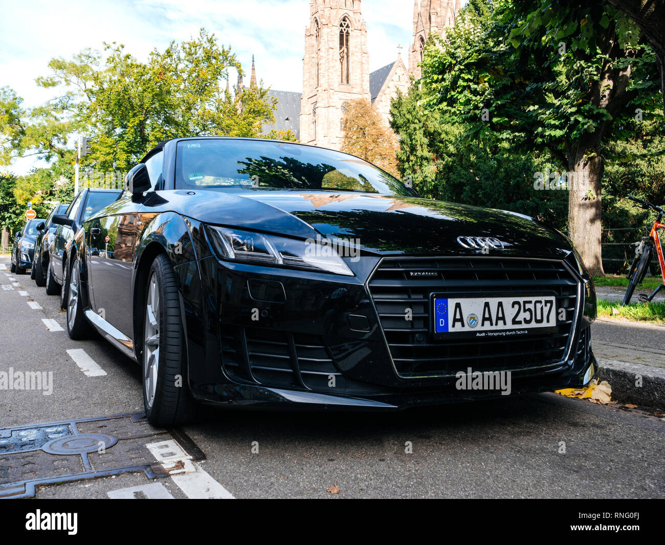 Strasbourg, France - Oct 1, 2017: Front view of luxury new black sport Audi TT sport race car parked on a street in Strasbourg Stock Photo