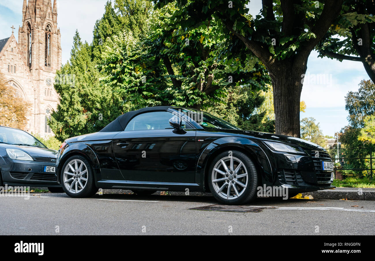 STRASBOURG, FRANCE - OCT 1, 2017: Side front view of luxury new black sport Audi TT sport race car parked on a street in Strasbourg Stock Photo