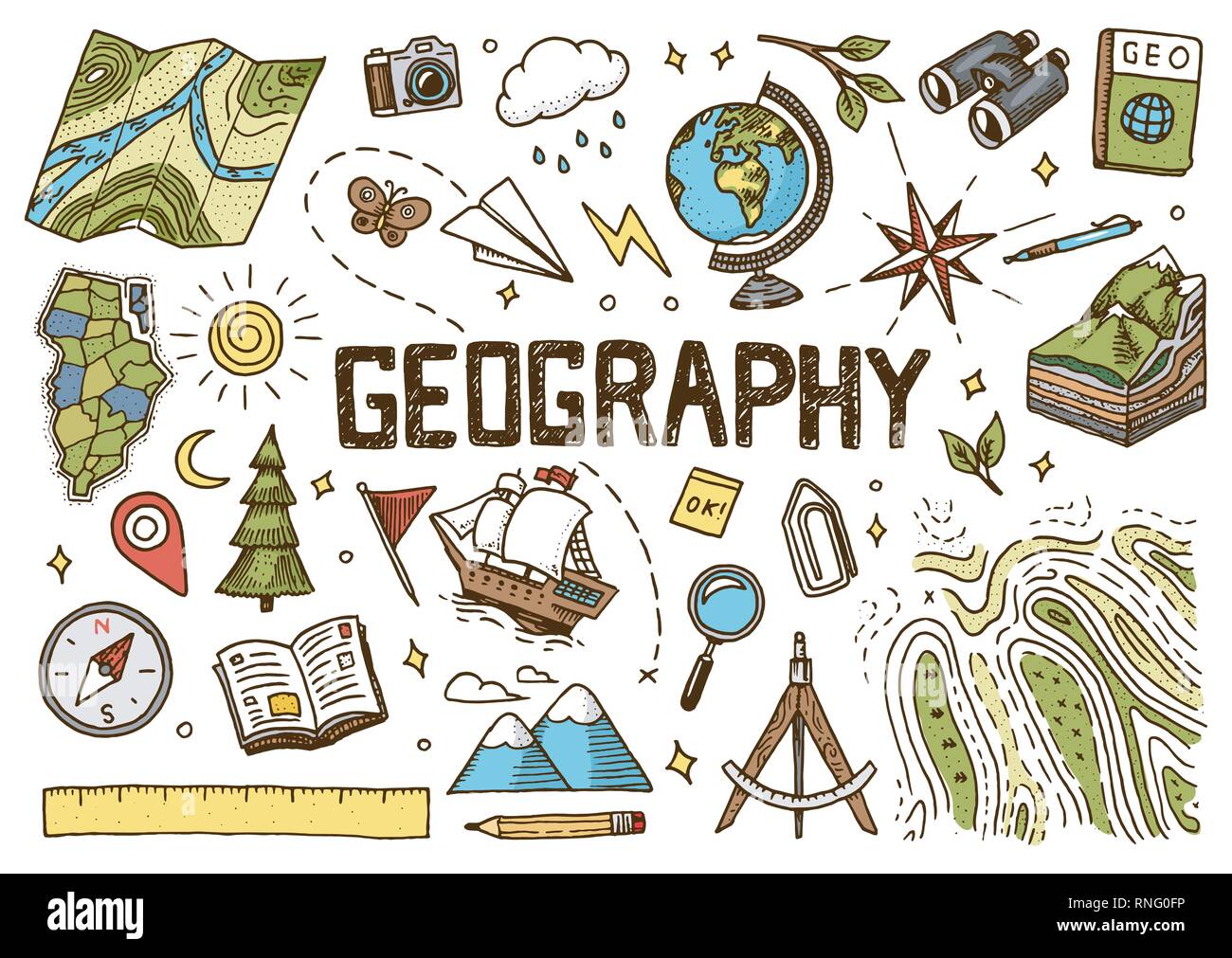 Set of geography symbols. Equipments for web banners. Vintage outline