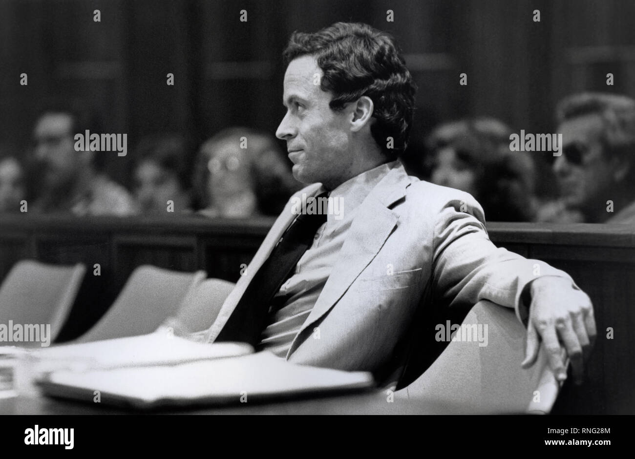 Ted Bundy Murder Trial - Miami - Theodore Robert Bundy was an American serial killer, kidnapper, rapist, burglar, and necrophile who assaulted and murdered numerous young women and girls during the 1970s and possibly earlier. After more than a decade of denials, he confessed to 30 homicides that he committed in seven states between 1974 and 1978. Stock Photo