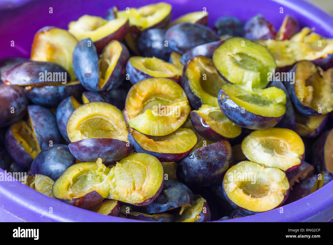 Plums cut in half prepared to be sun dried in a village in the Eastern part of the Balkan Mountains in Serbia. Stock Photo