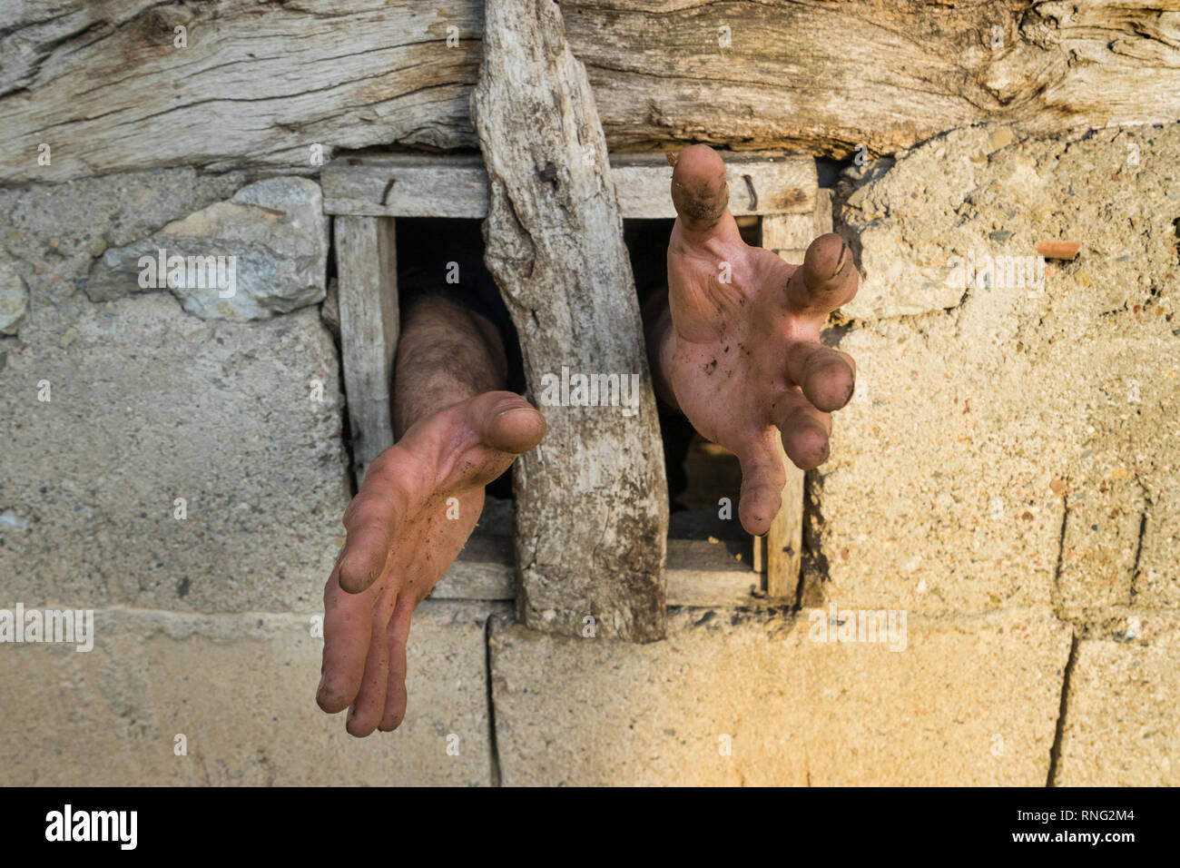 Hands reaching out of a small window from a mud and stone made house in the Balkan Mountains region of Eastern Serbia. Stock Photo