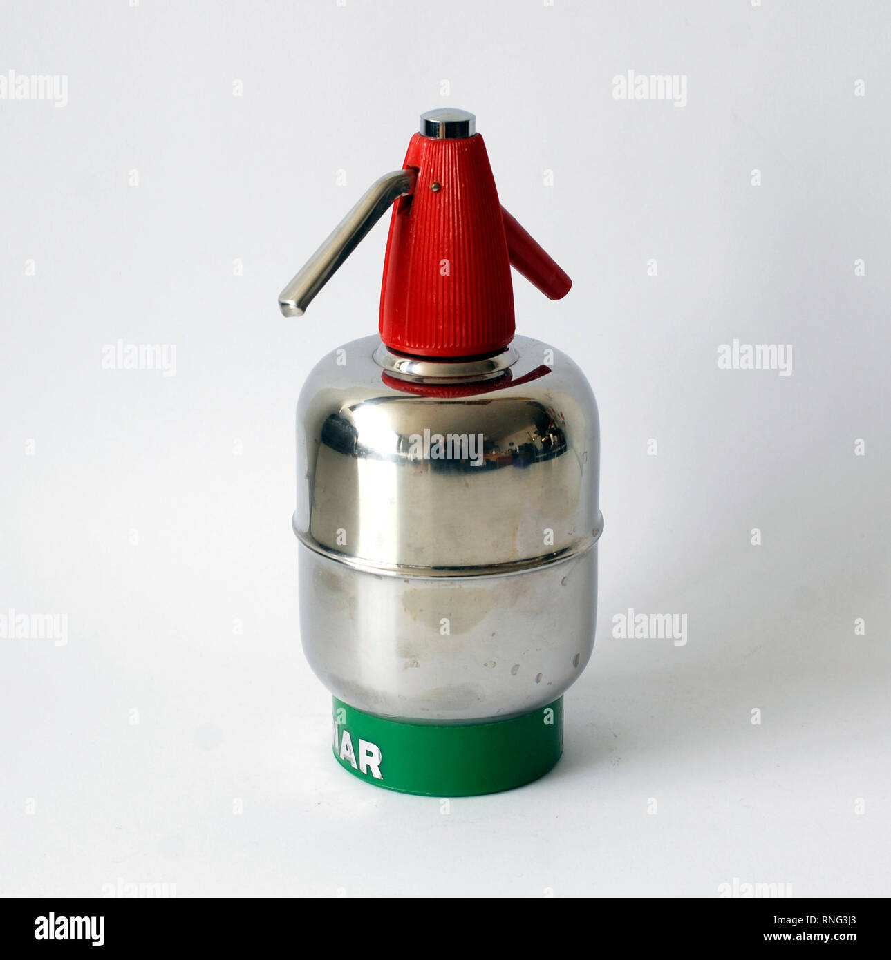Vintage metal and plastic siphon, advertising of Cynar vermouth Stock Photo