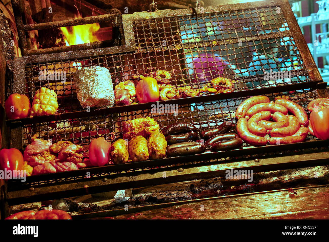 Display of meats in Port Market, Montevideo, Uruguay. It is the most popular place for parillas (barbeque) in the city. Stock Photo