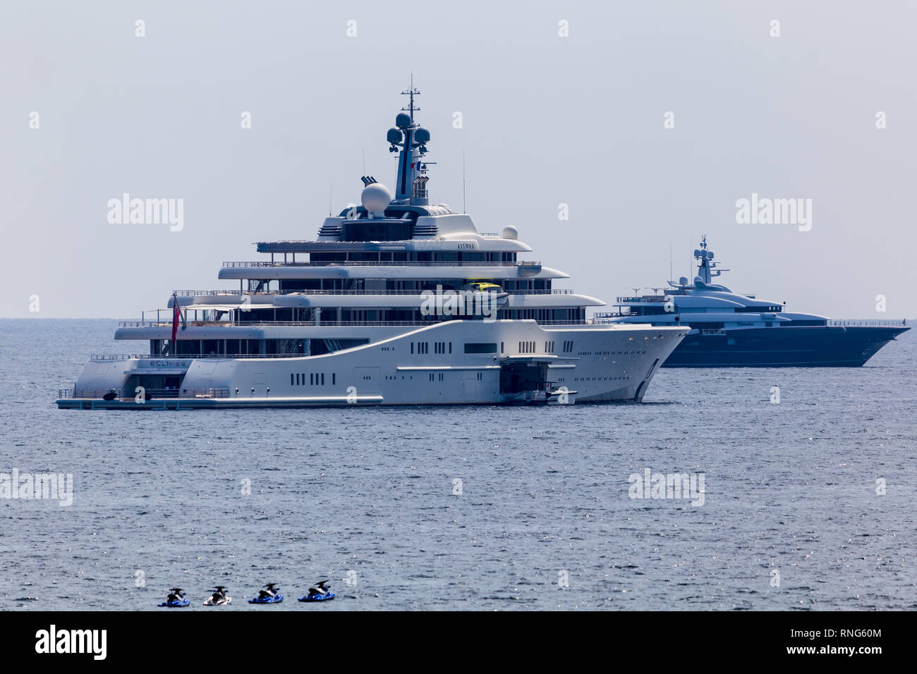 Yachts of Russian oligarchs, Eclipse (Roman Abramovich) and Nirvana (Vladimir Potanin) anchored next to each other near the town of Antibes in France Stock Photo