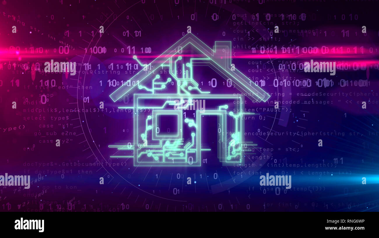 Intelligent house and IOT concept on digital background. Dynamic and glowing smart home shape 3D illustration. Stock Photo