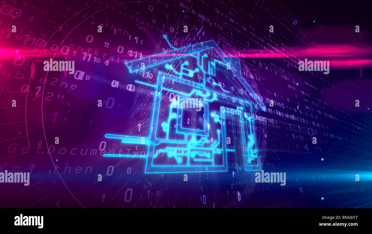 Intelligent house and IOT concept on digital background. Dynamic and glowing smart home shape 3D illustration. Stock Photo