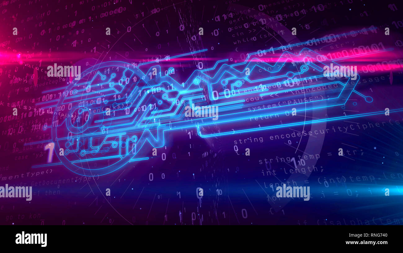 Data encryption, cyber protection and digital key sign on dynamic binary background. Computer security technology abstract concept 3D illustration. Stock Photo