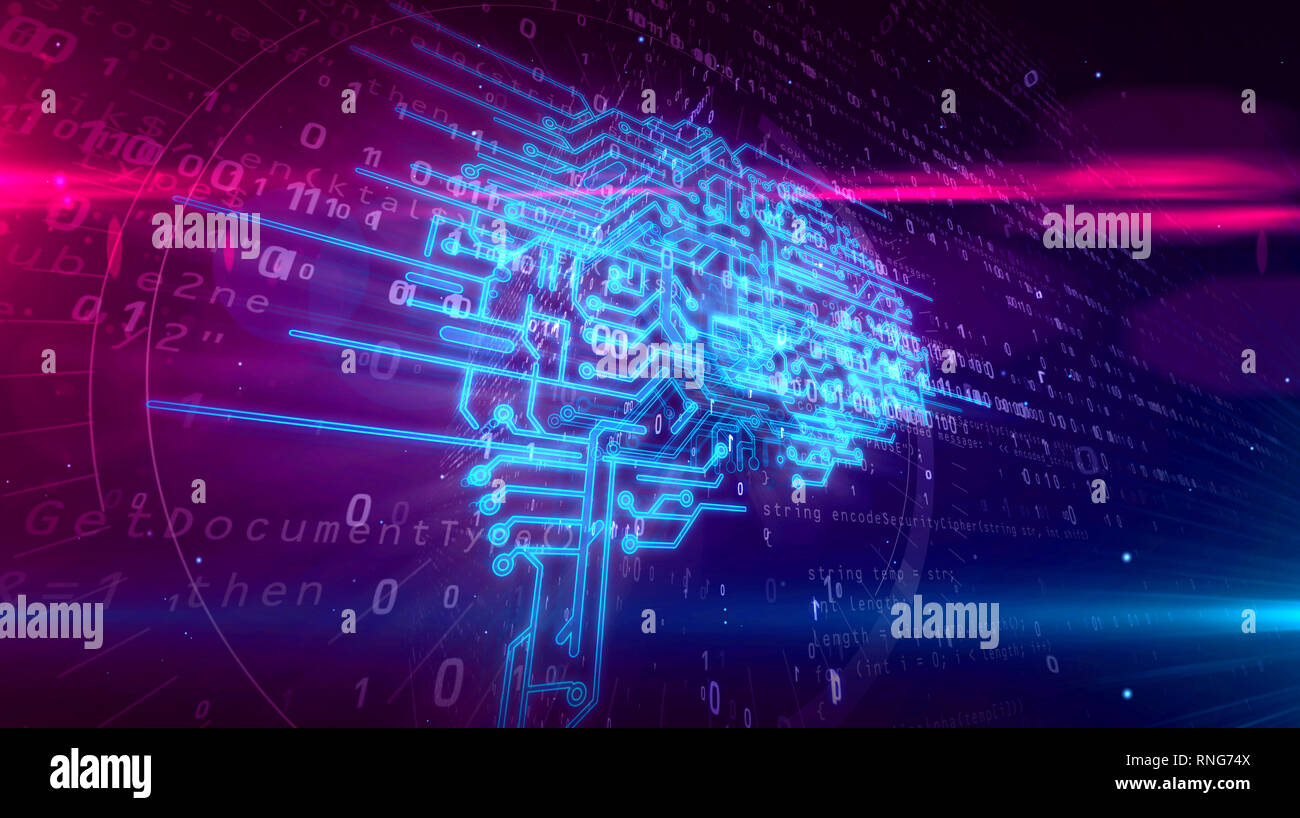 Cybernetic brain, deep machine learning and artificial intelligence concept 3D illustration. Working cyber mind on dynamic digital 3D background. Stock Photo