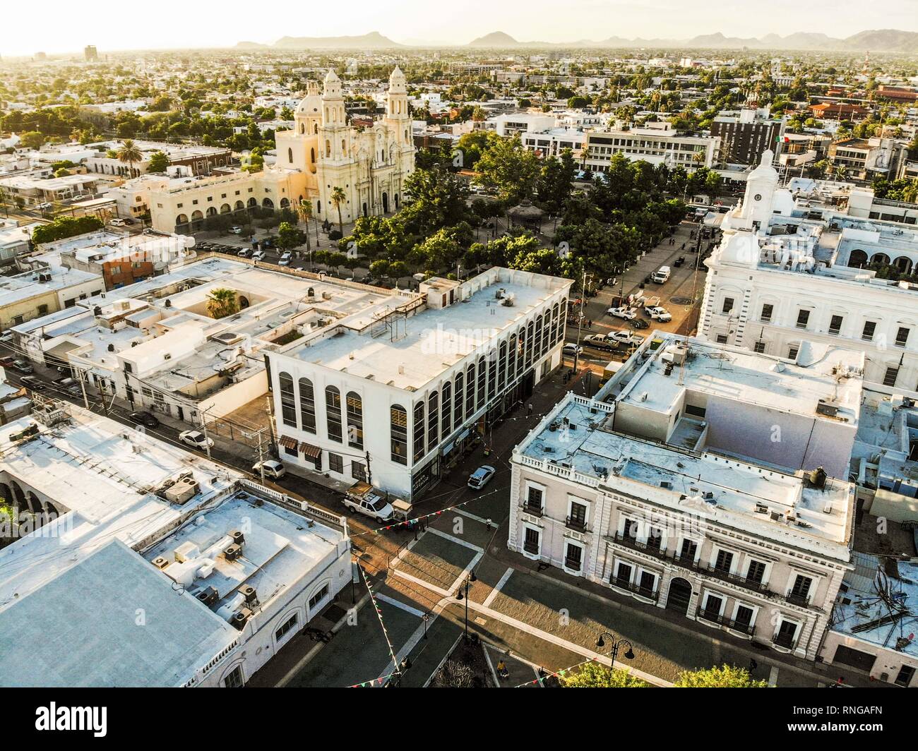 Aerial view of Cathedral, Zaragoza Square, Government Palace in the center of Hermosillo, Sonora.. Vista aerea de catedral, plaza Zaragoza, Stock Photo