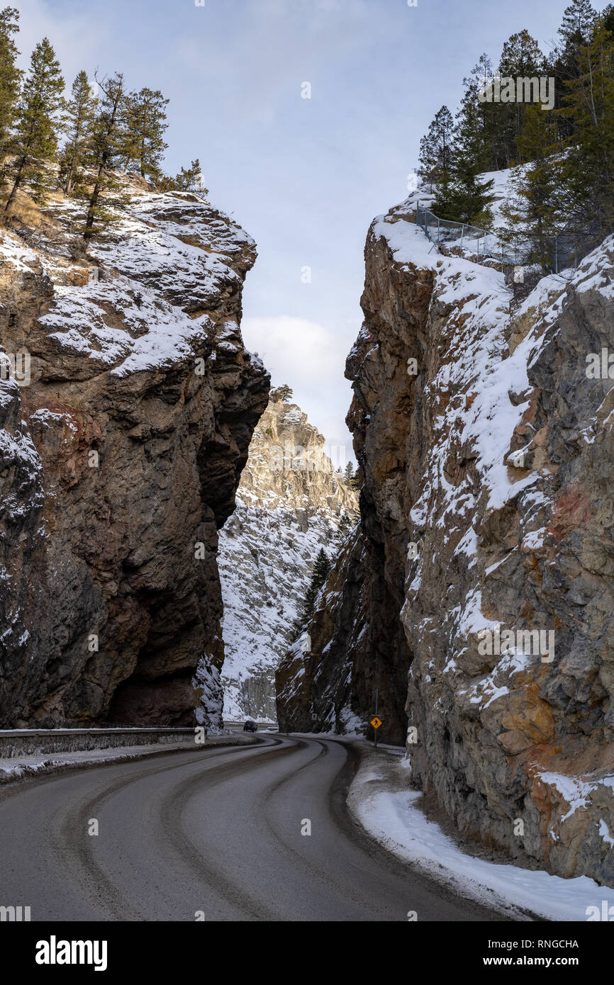 Driving through the road into Sinclair Canyon in Kootenay National Park - Radium Hot Springs British Columbia Stock Photo