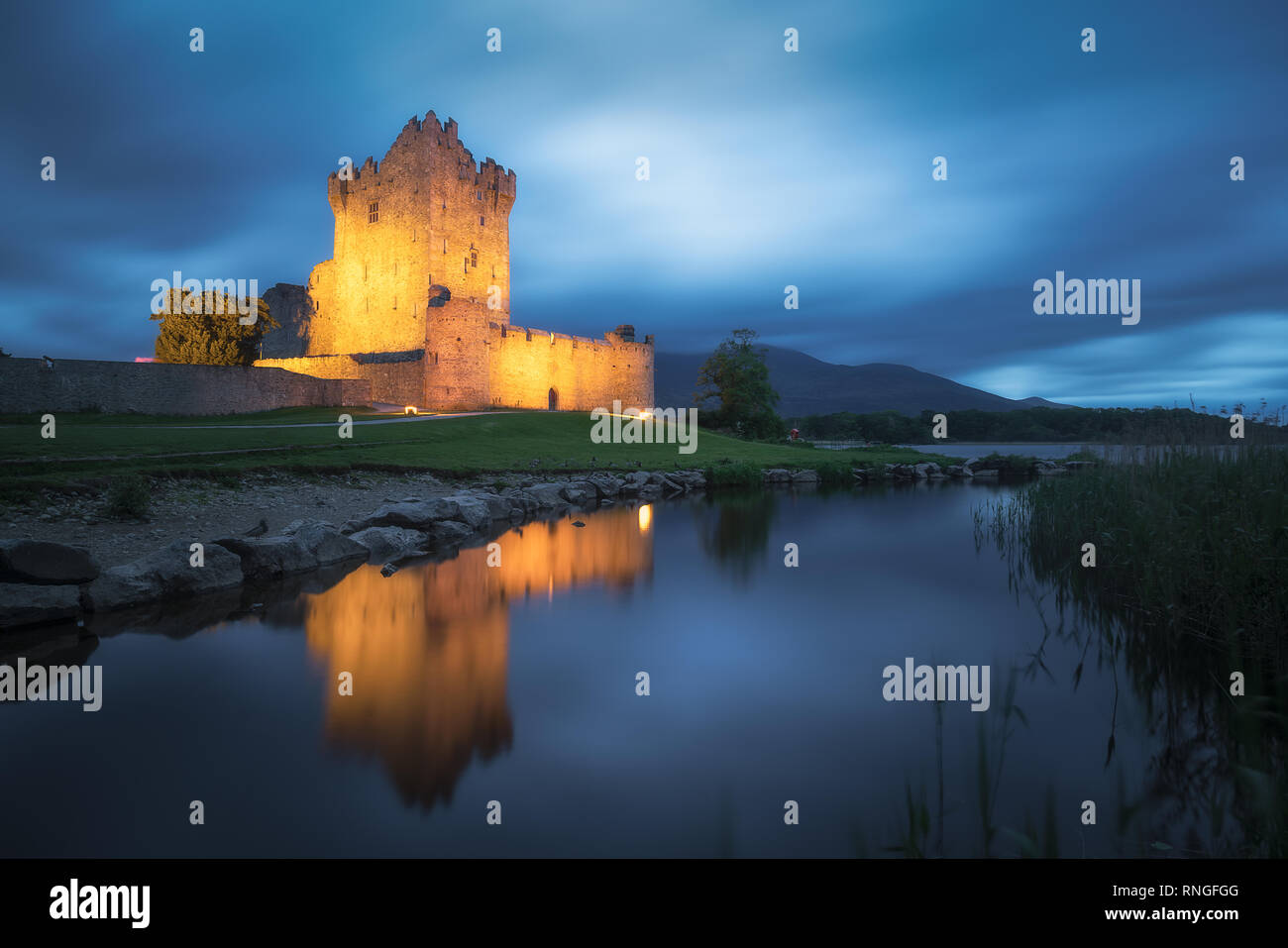 Ross Castle is a beautiful stronghold on the edge of Killarney’s lower lake, built by O’Donoghue Mór in the 15th century. Stock Photo