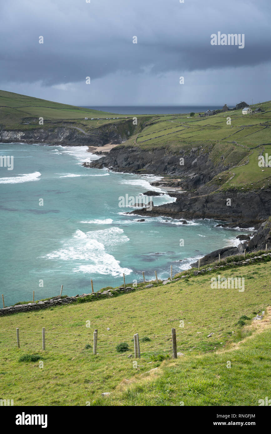Slea Head (Ceann Sléibhe) is a promontory and a scenic viewpoint in the westernmost part of the Dingle Peninsula, located in County Kerry, Ireland. Stock Photo