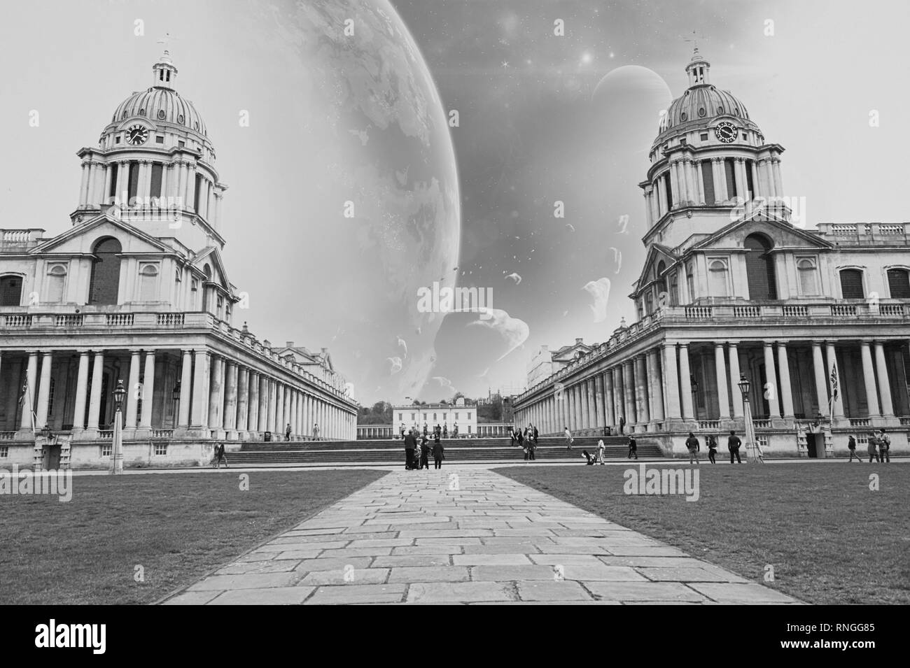 Fantasy, science fiction photo of London, Old Royal Naval College. few planets in the sky. Stock Photo