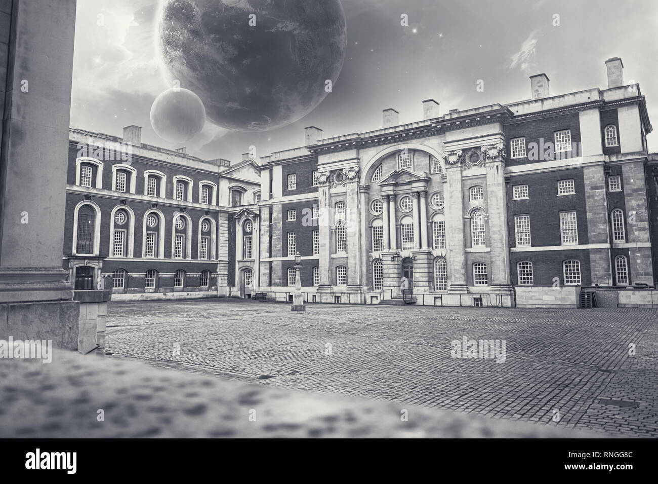 Fantasy, science fiction photo of London, Old Royal Naval College. few planets in the sky. Stock Photo