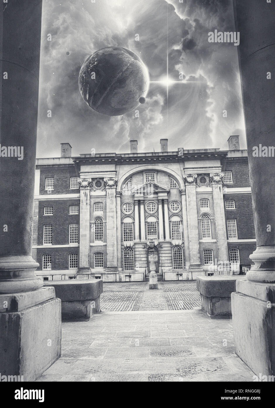 Fantasy, science fiction photo of London, Old Royal Naval College. few planets in the sky. Stock Photo