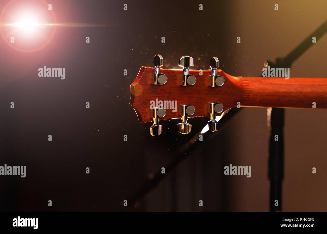 Acoustic guitar head with tuning pegs, neck, frets and fingerboard, back view. Headstock of the