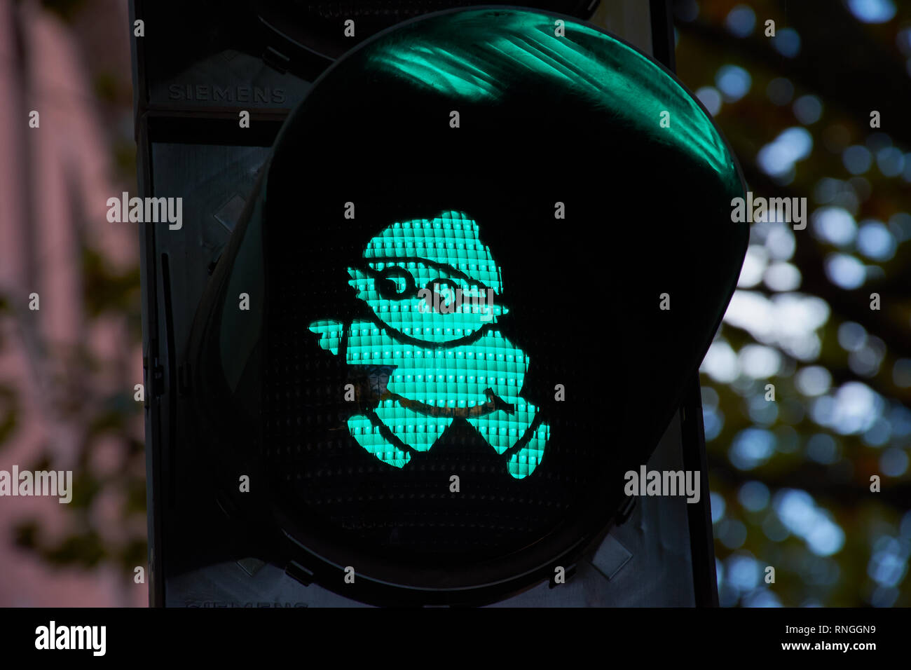 Mainz, Germany, October 27- 2017: Traffic light figure 'Mainzelmaennchen' was specially designed for the city of Mainz. Stock Photo