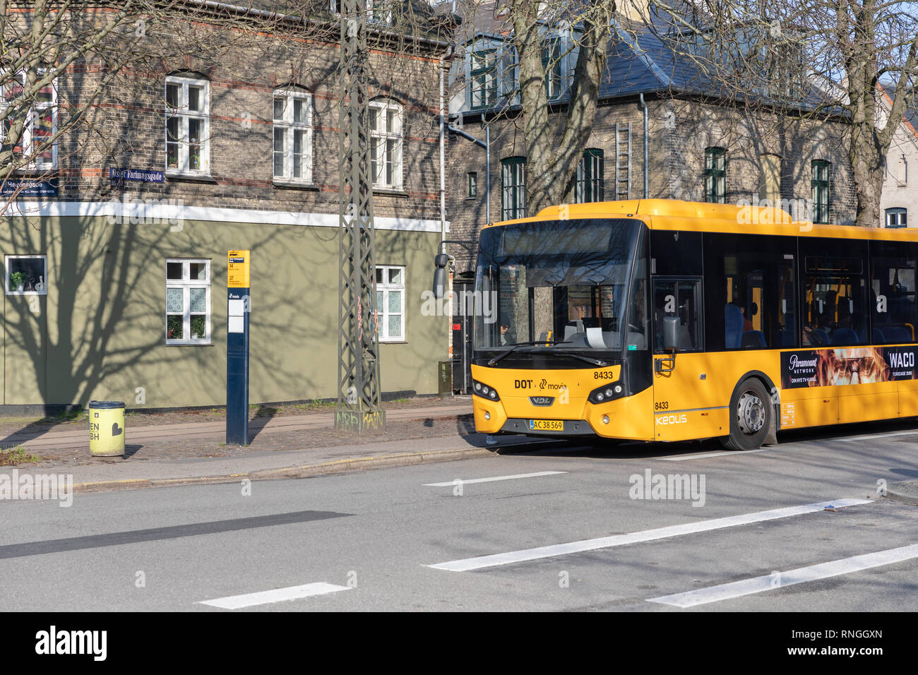 Yellow bus at a bus stop, Øster Farimagsgade, Copenhagen, Denmark Stock Photo