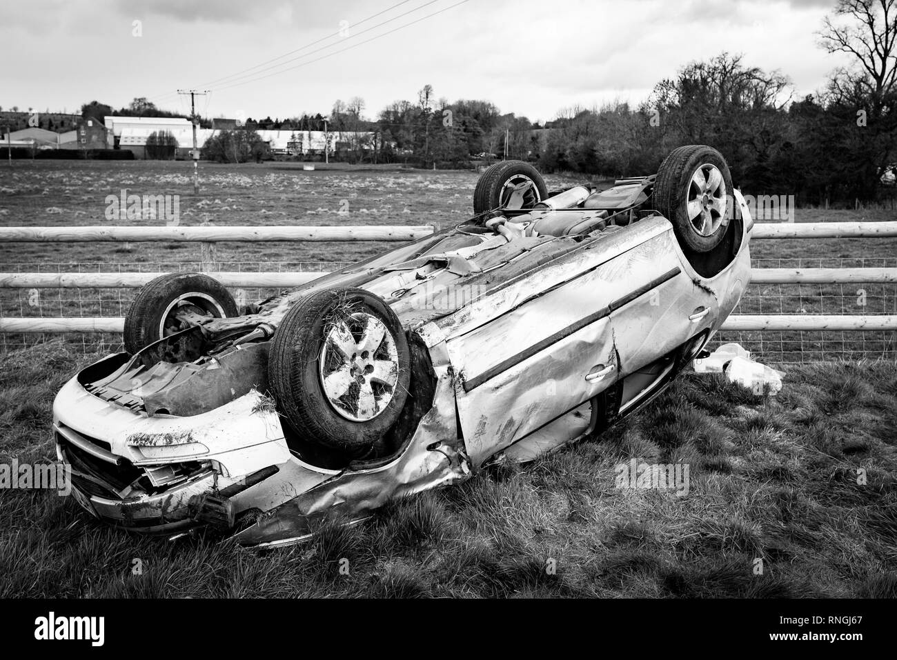 Car Crash and Car Damage. Vehicle in a field after high speed crash Stock Photo Alamy