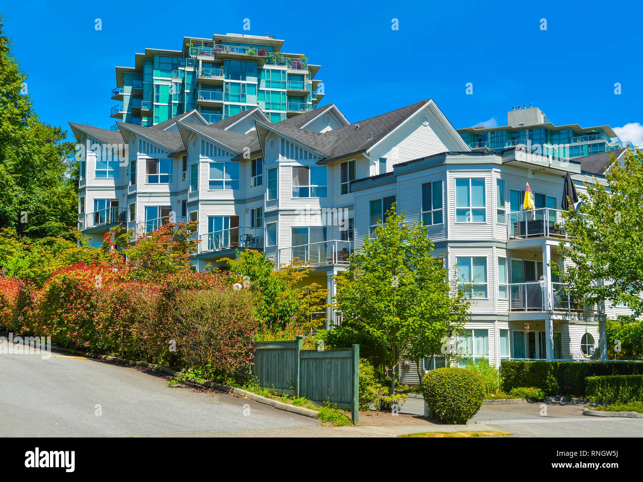 Modern apartment building on bright sunny day in Vancouver, British Columbia Stock Photo