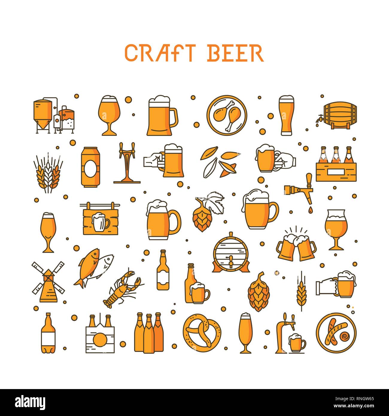 A large set of colorful icons on the topic of beer, its production and ...
