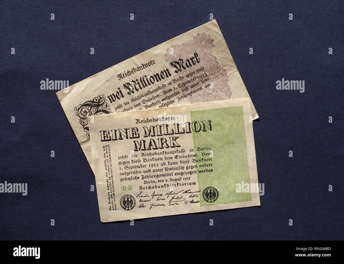 Eine und Zwei Million Mark (meaning One and Two Million Mark) year 1923 banknotes inflation money from Weimar Republic Stock Photo