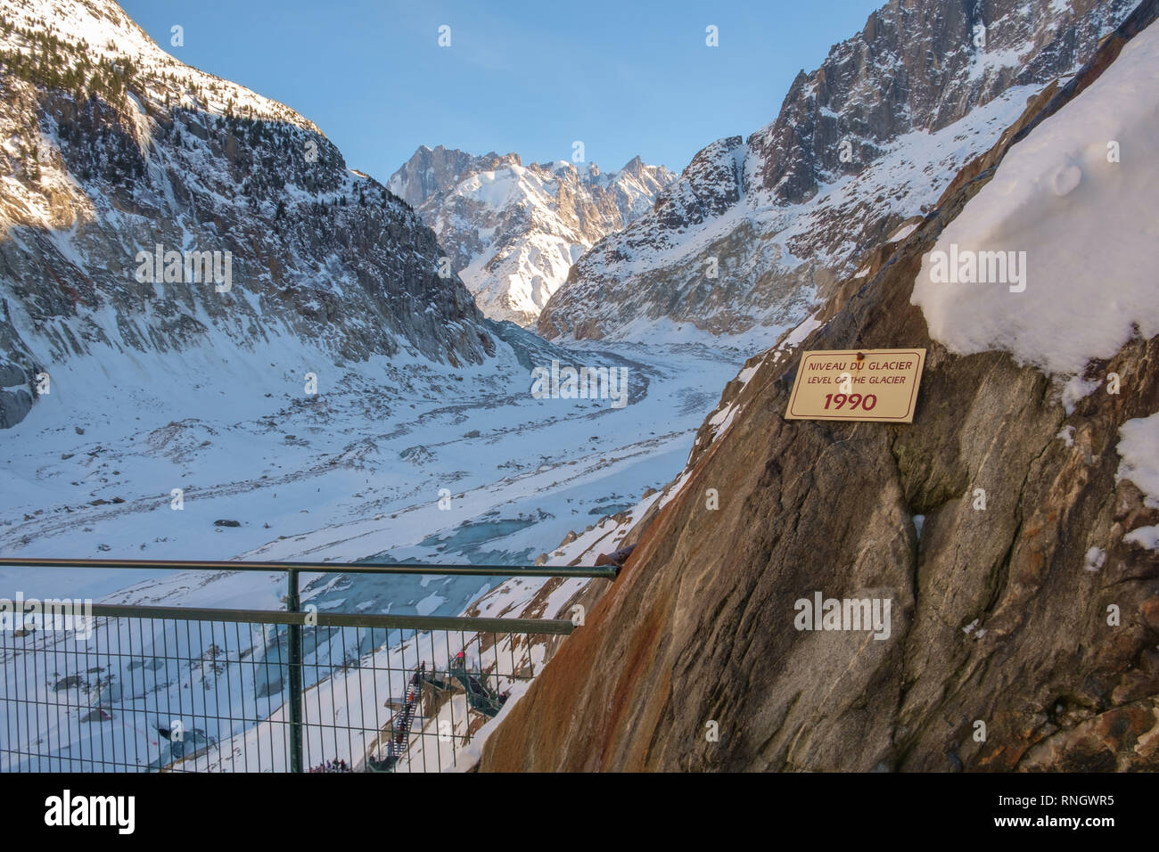 The Mer de Glace Glacier, Montenvers, Chamonix, France. Climate change and global warming illustrated by the sign showing the ice level in 1990. Stock Photo