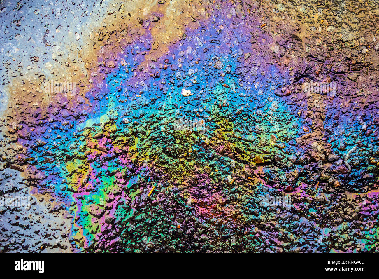 Gasoline Petrol Oil Spill Rainbow on Tarmac Road Stock Photo Alamy