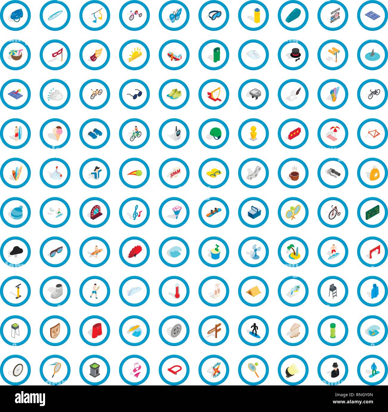 100 amusement icons set, isometric 3d style Stock Vector
