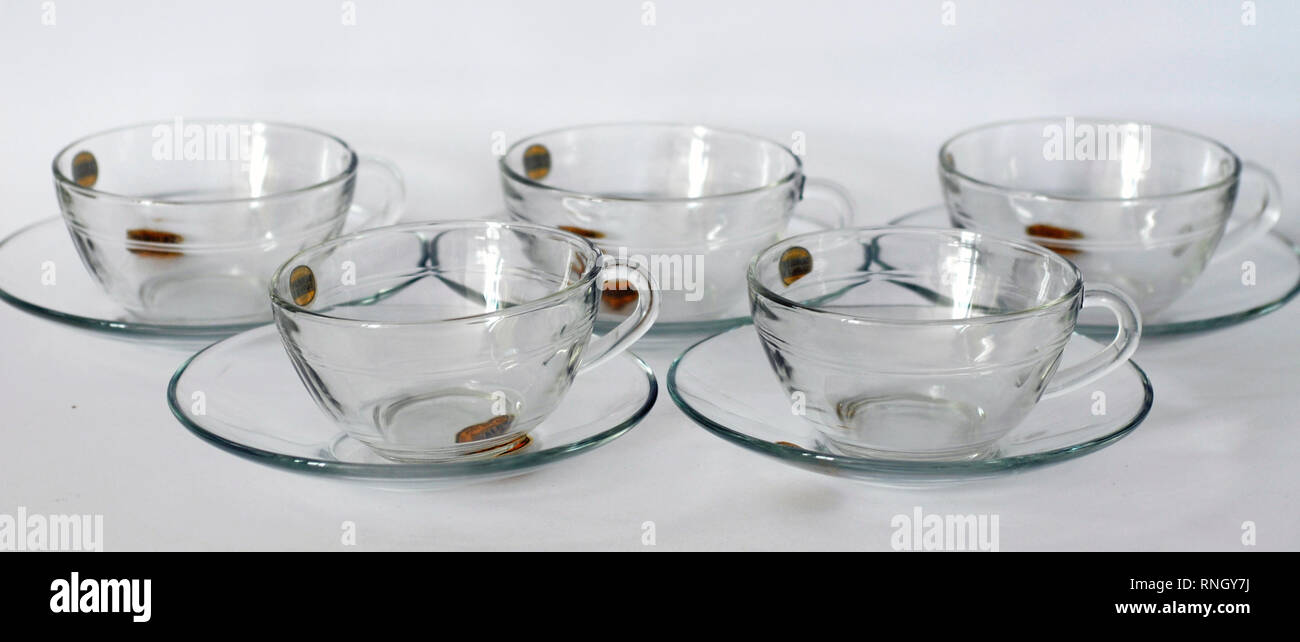 5 cups with dishes for breakfast tempered glass. Duralex brand Made in Spain. Originals Stock Photo Alamy