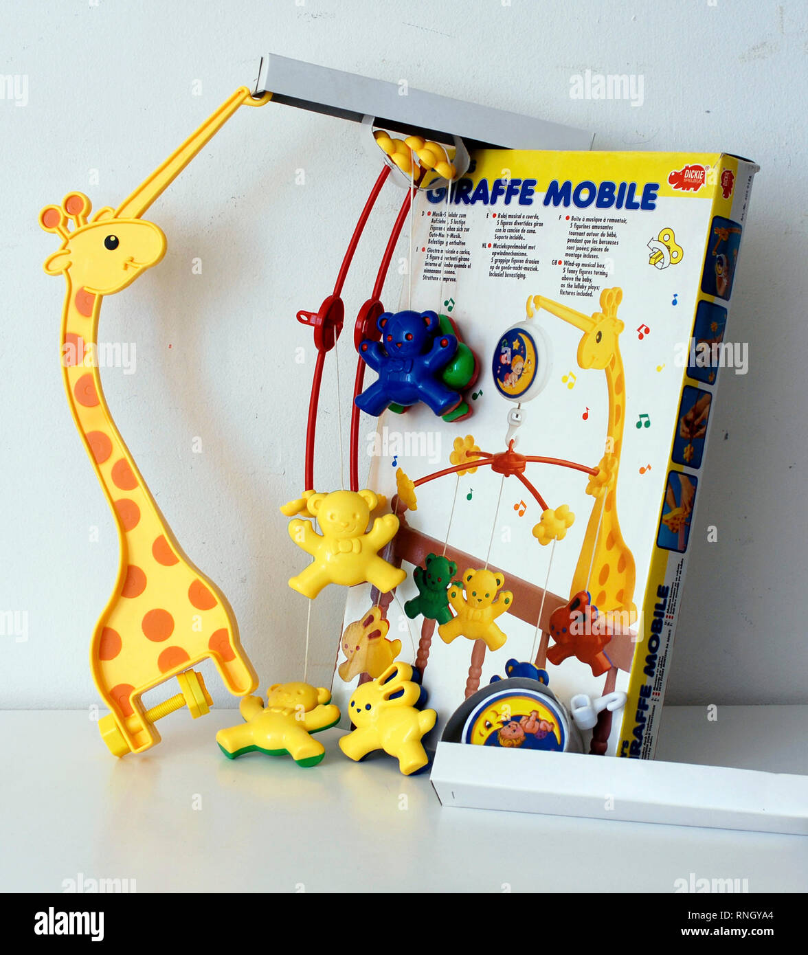 Musical mobile for cradle. Original, 80's. Baby's Giraffe Mobile. Dickie Spielzeug, Germany. Made in China Stock Photo