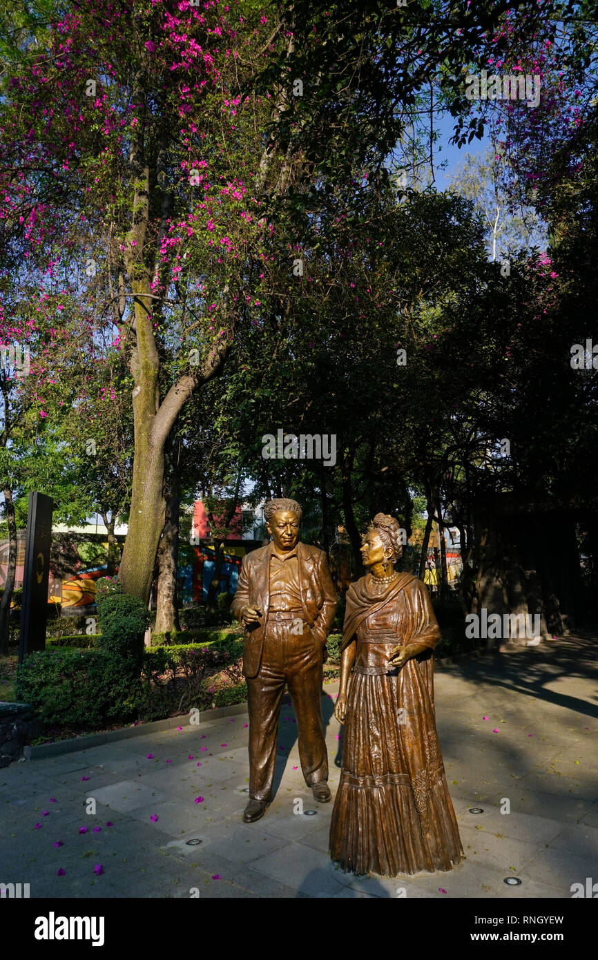 Bronze statues of Frida Kahlo and Diego Rivera in Parque Frida Kahlo in the Coyoacon neighborhood of Mexico City, Mexico.i Stock Photo