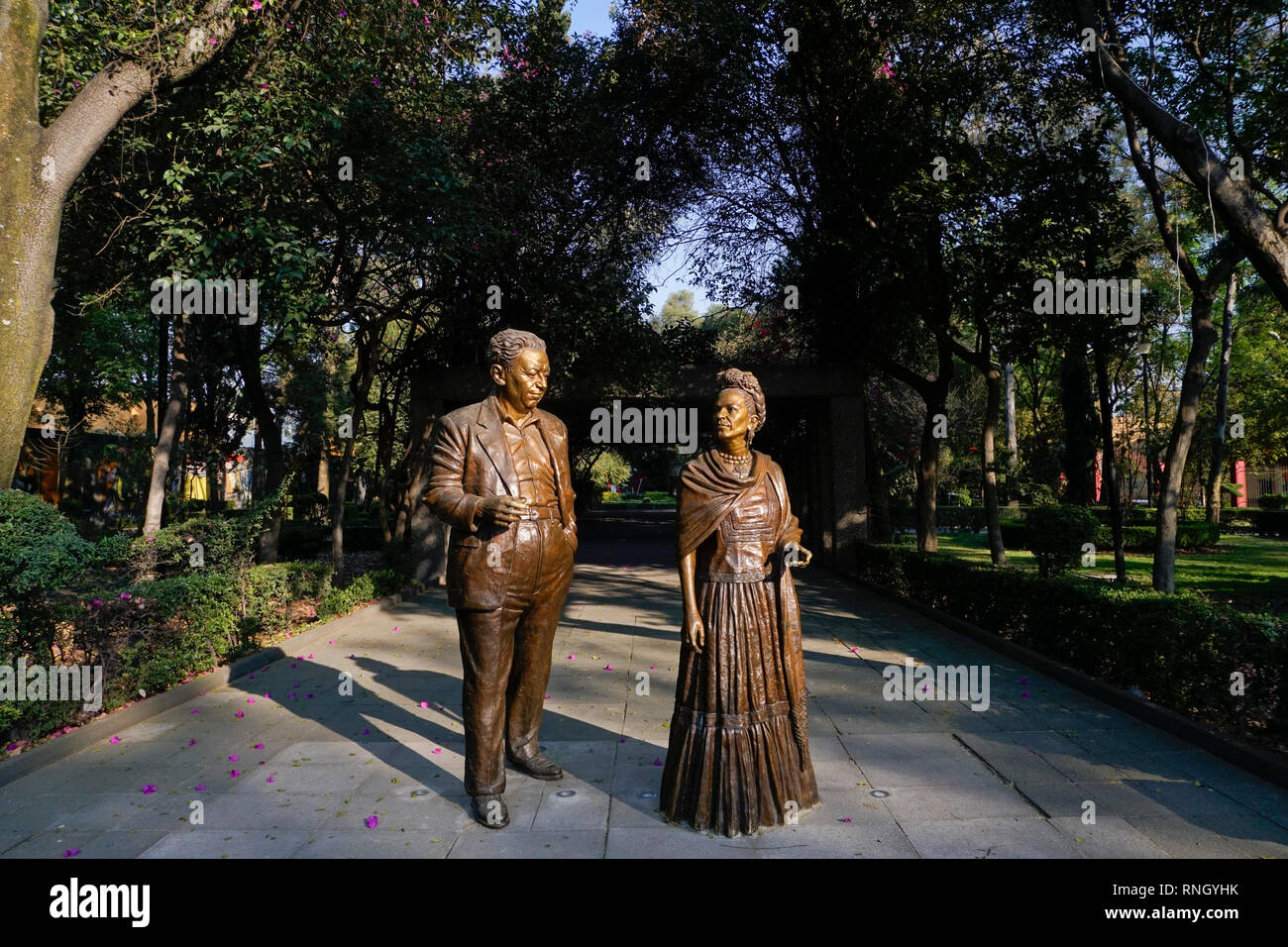 Bronze statues of Frida Kahlo and Diego Rivera in Parque Frida Kahlo in the Coyoacon neighborhood of Mexico City, Mexico.i Stock Photo
