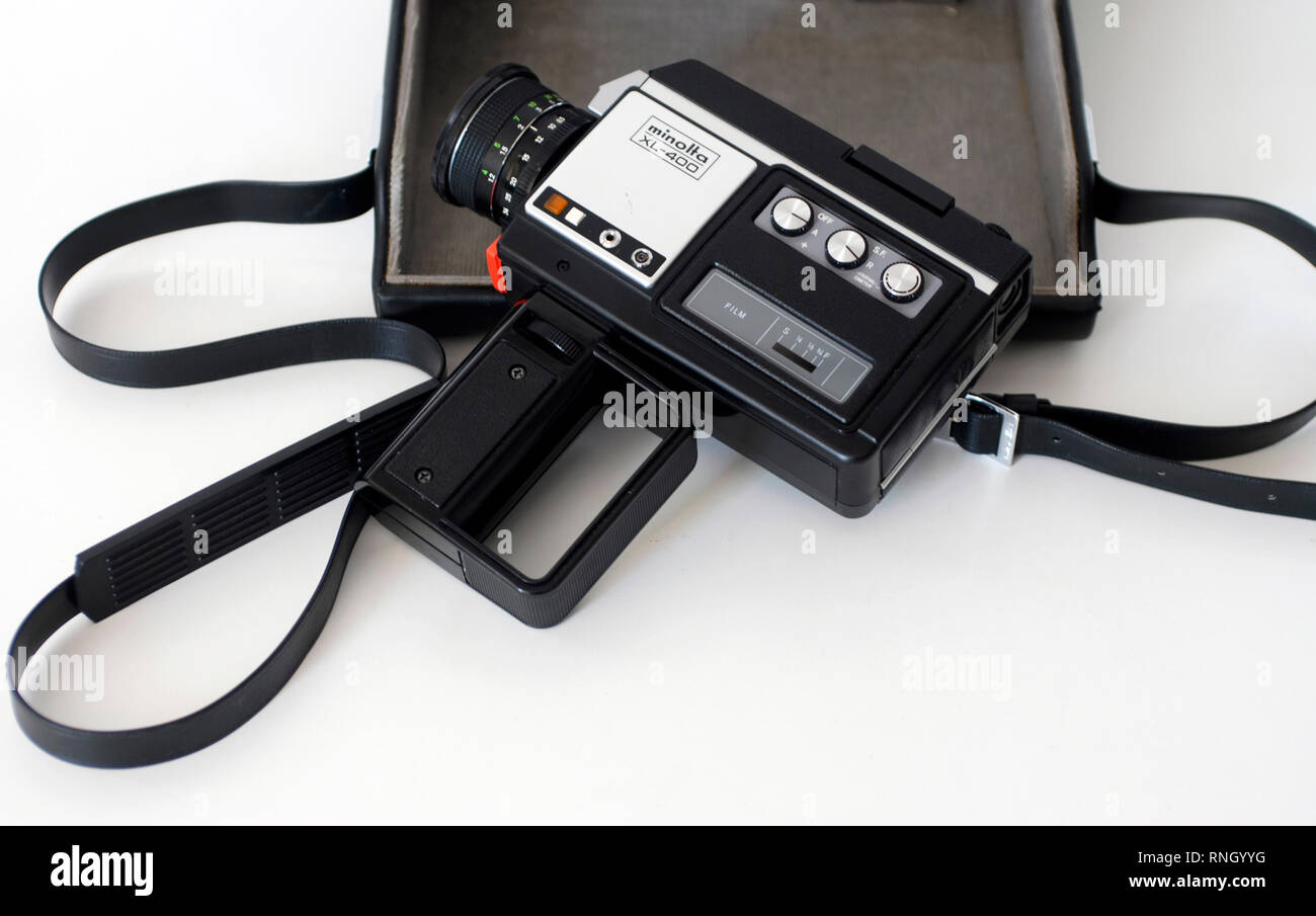 Vintager Super 8 Minolta XL 400 camera. Original 70s, Made in Japan Stock Photo