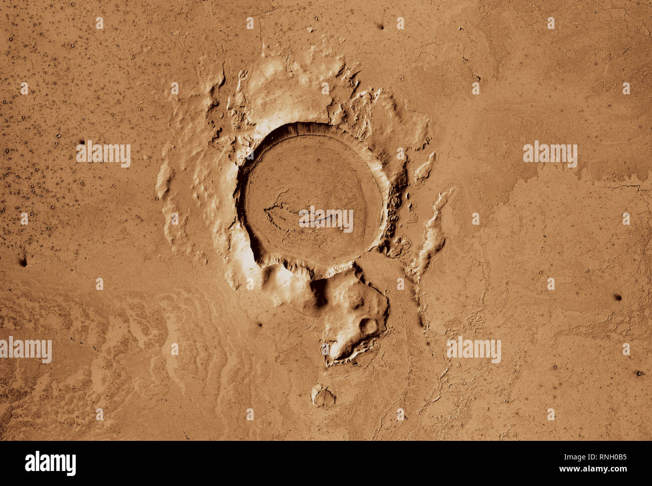 View of the planet Mars surface showing an Elysium Planitia crater Stock Photo