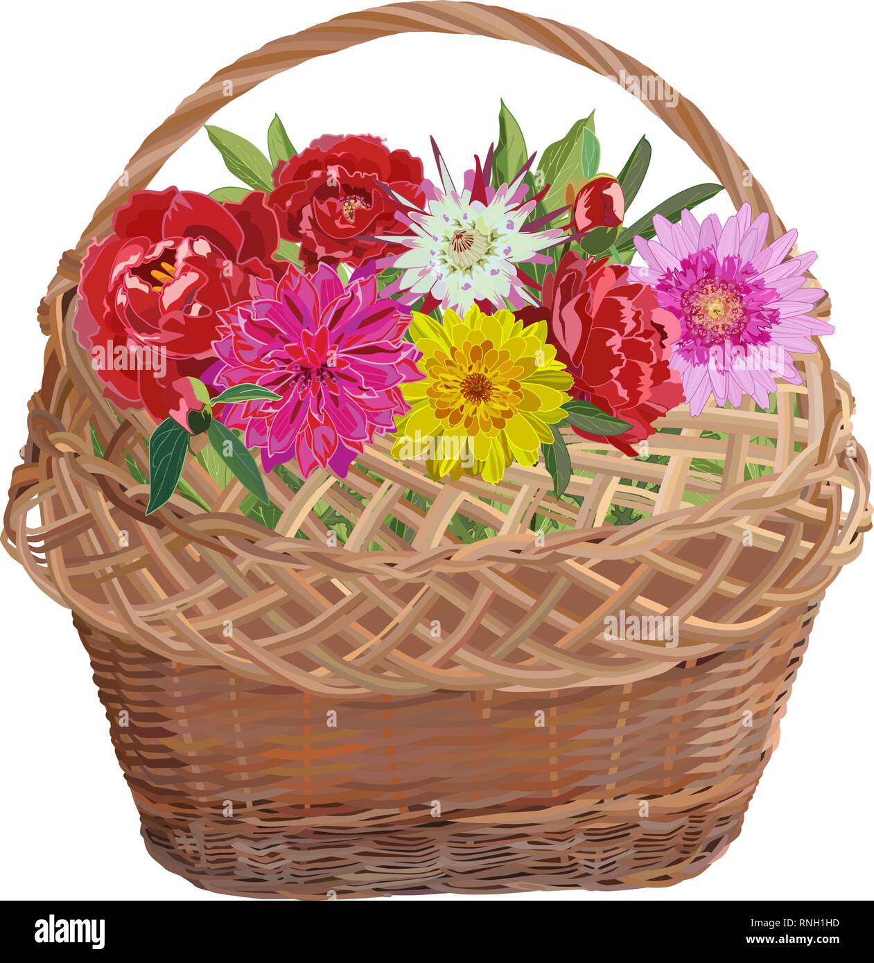 Wicker basket with peony and chrysanthemum flowers. Vector flat illustration isolated on white background. Stock Vector