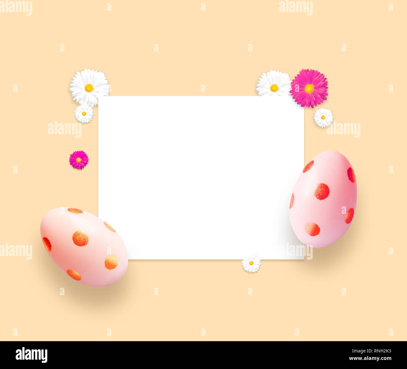 Pink easter eggs and flowers. Background with easter eggs Stock Photo
