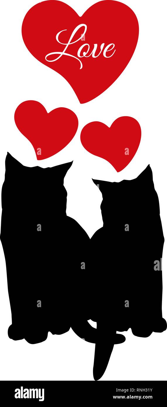 Cat love couple black silhouette and read hearts. Vector illustration. Stock Vector