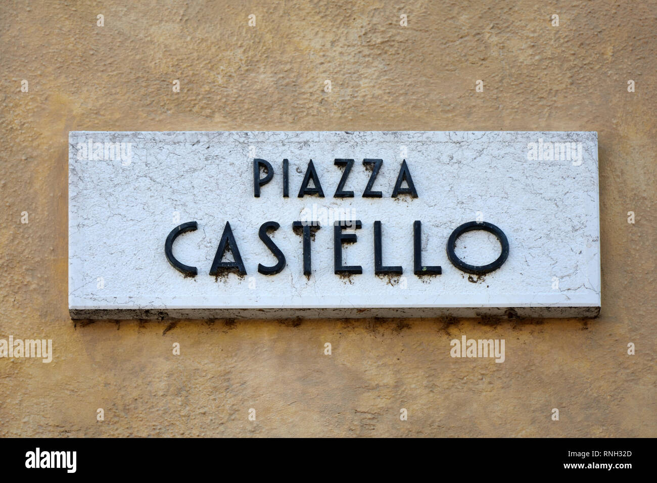 Street sign of the square Piazza Castello in the historic centre of Sirmione - Italy. Stock Photo