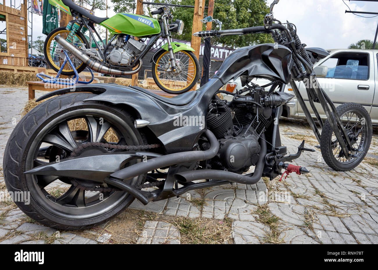 Chopper motorbike. Extreme modification of a Yamaha motorcycle Stock Photo