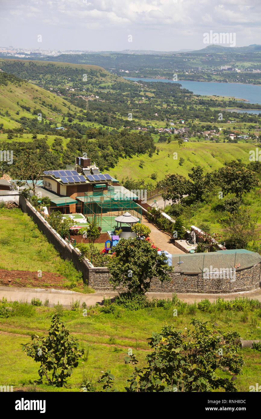 Aerial view holiday resort and Khadakwasla dam backwaters, Pune