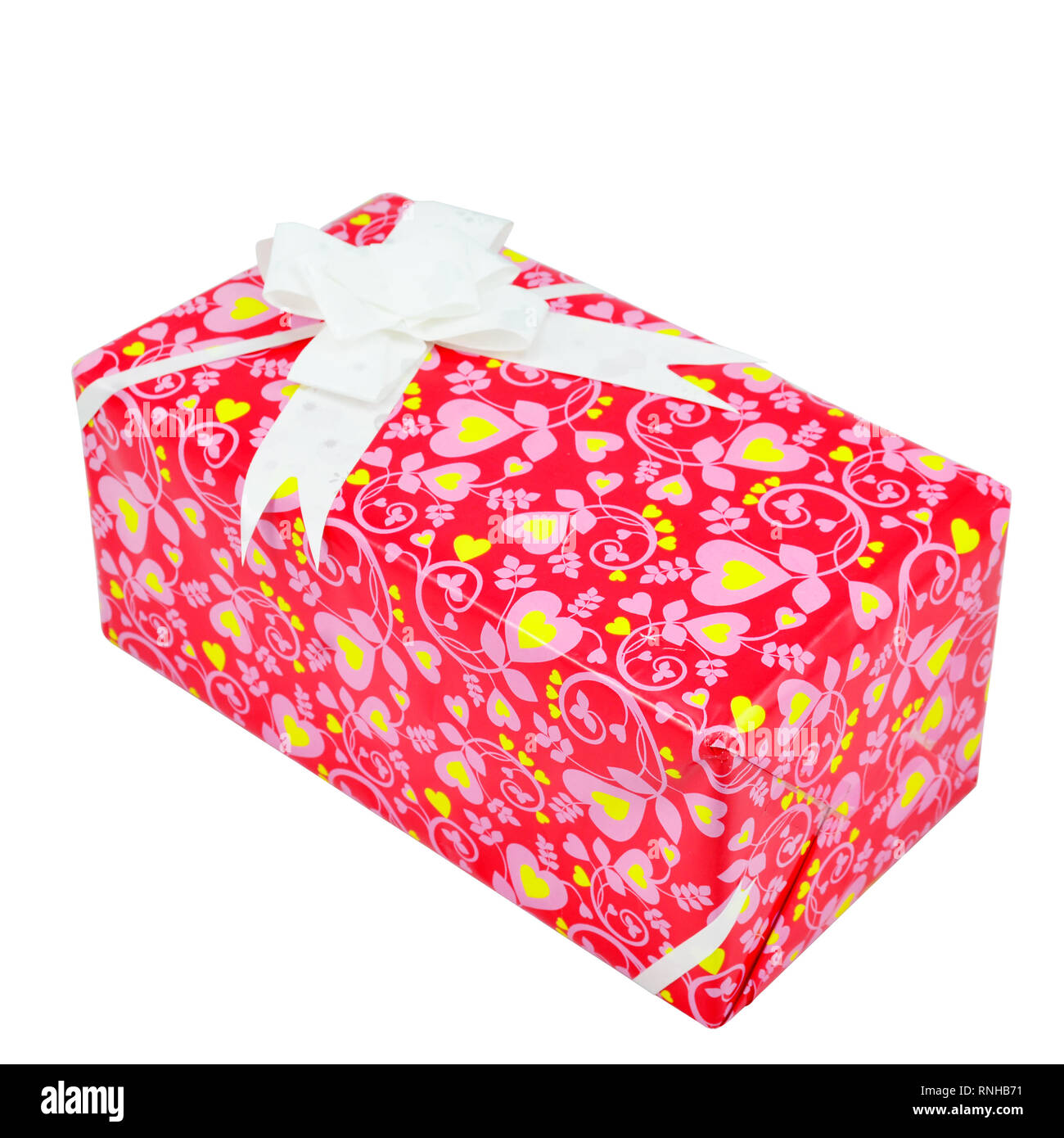 Single red gift box with silver ribbon on white background Stock Photo ...