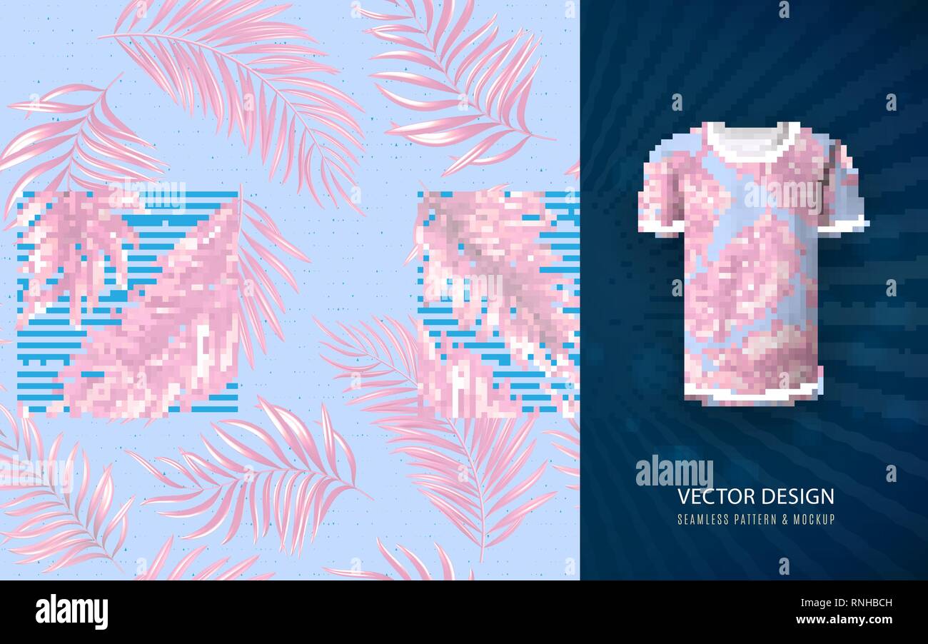 Download Tropical Aloha Pattern Vector Hawaiian Exotic Leaf Pattern On Shirt Mockup Vector Plants Seamless Background Delicate Pink On Blue Stock Vector Image Art Alamy