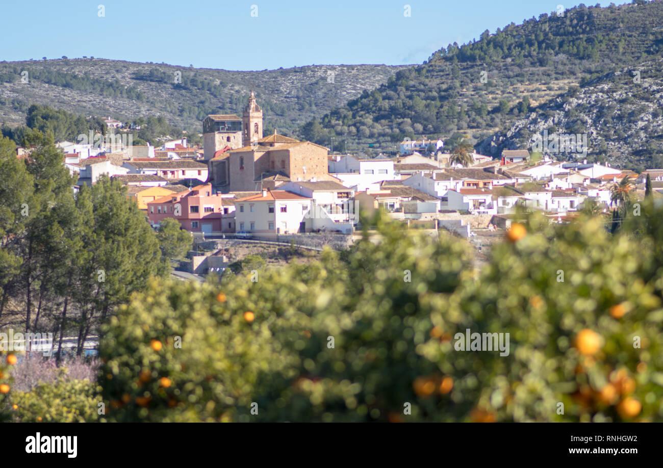beautiful Typical Spanish mountain village seen from afar Stock Photo