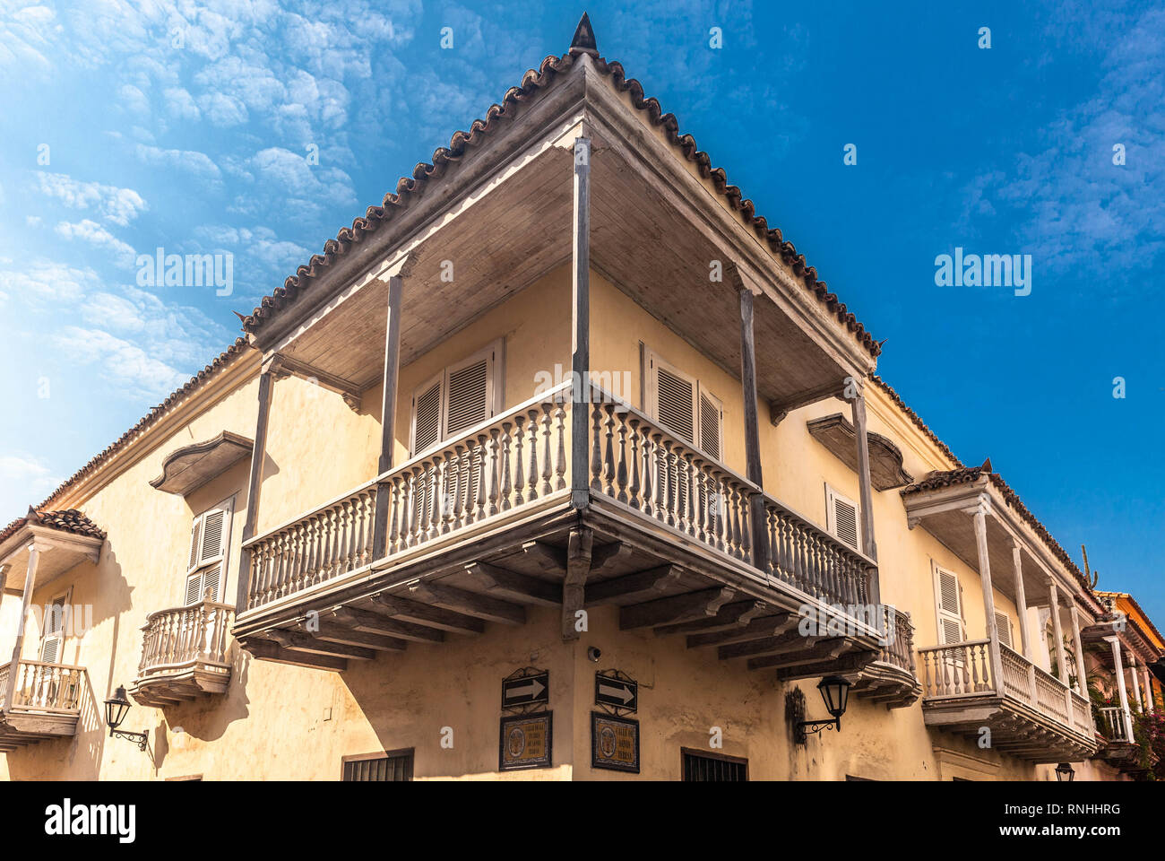 Corner house and balcony, Cartagena de Indias, Colombia. Stock Photo